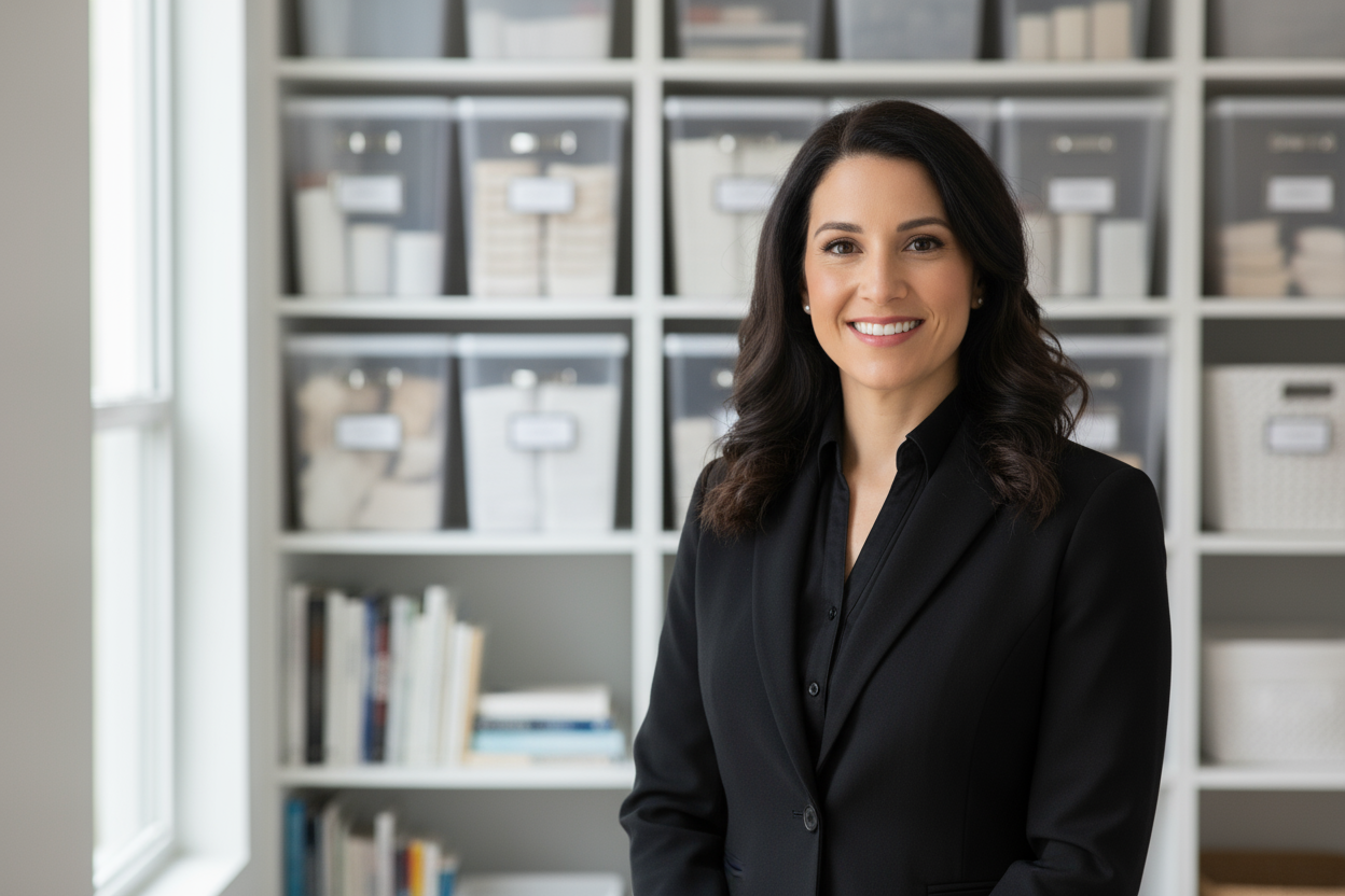 FOTO PARA PERFIL DE ORGANIZADORA PROFESIONAL CON UNIFORME NEGRO