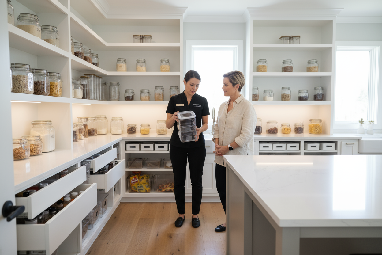 ORGANIZADORA PROFESIONAL VESTIDA DE UNIFORME NEGRO DEMOSTRANDO A SU CLIENTE MUJER MODERNA UN CONTENEDOR DE ACRILICO EN ALACENA MODERA Y ORGANIZADA